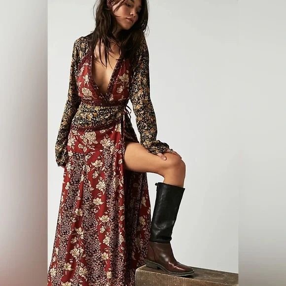 FREE PEOPLE Tilda Wrap Maxi Dress Patchwork Floral Lace Red Black Medium New - Picture 1 of 15
